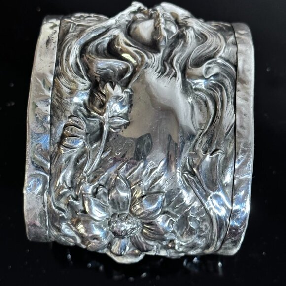 Art Nouveau Sterling Silver 925 Cuff Bracelet Lady Face Floral Alphonse Mucha - Picture 1 of 9